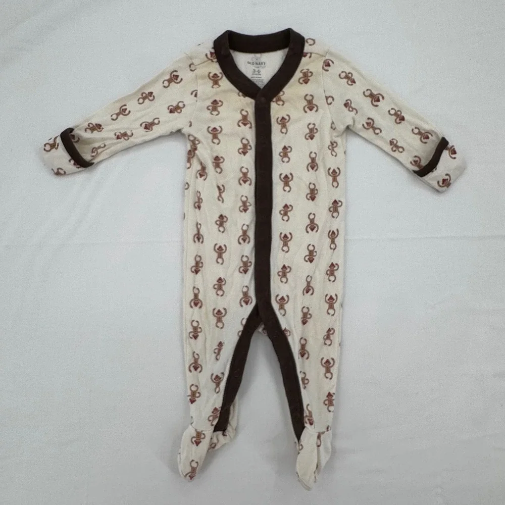 Old Navy Baby Sock Monkey Print Footed Sleeper Pajamas 3-6 Months 100% Cotton
